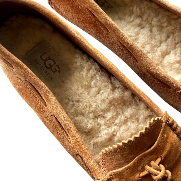 UGG 7.5 Suede Roni Moccasian Driving Loafers Shearling Wool Slippers Shoes Brown - Picture 6 of 9